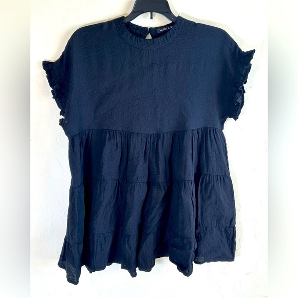 Miholl Black Ruffled Sleeve Tiered Baby Doll Blouse Sz M - Picture 1 of 13